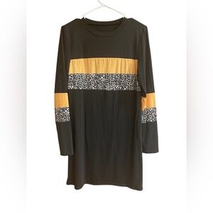 Long Sleeve Color Block Shift Dress With Leopard Print Detail Size M